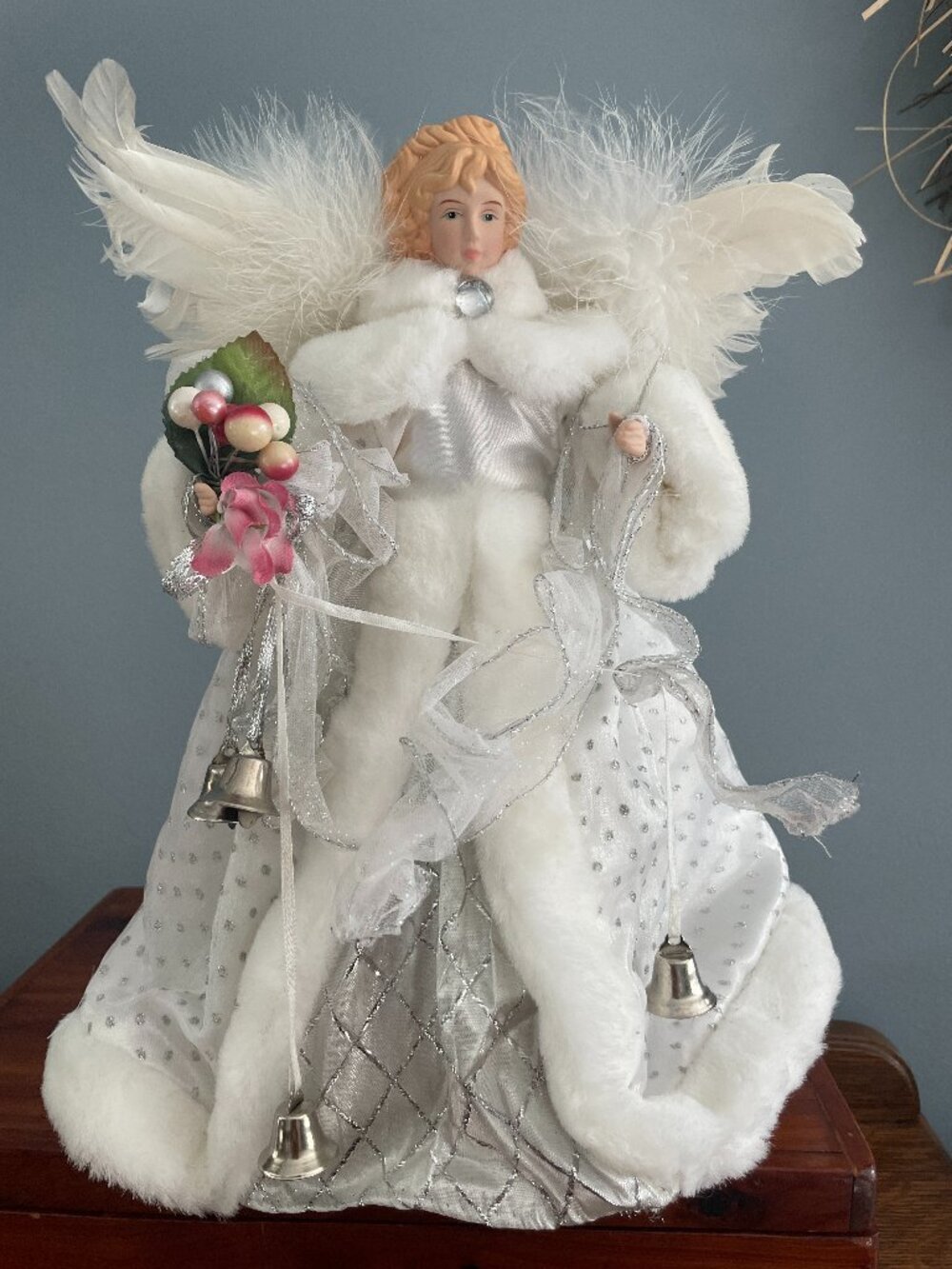 Angel Tree Topper Tabletop Christmas Decor 12” White Silver Fur Trim